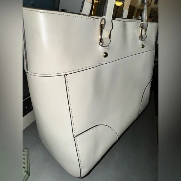 Dooney and Bourke Leather Bone Tote Bag, Gold hardware & blue accent scarf - Picture 9 of 16